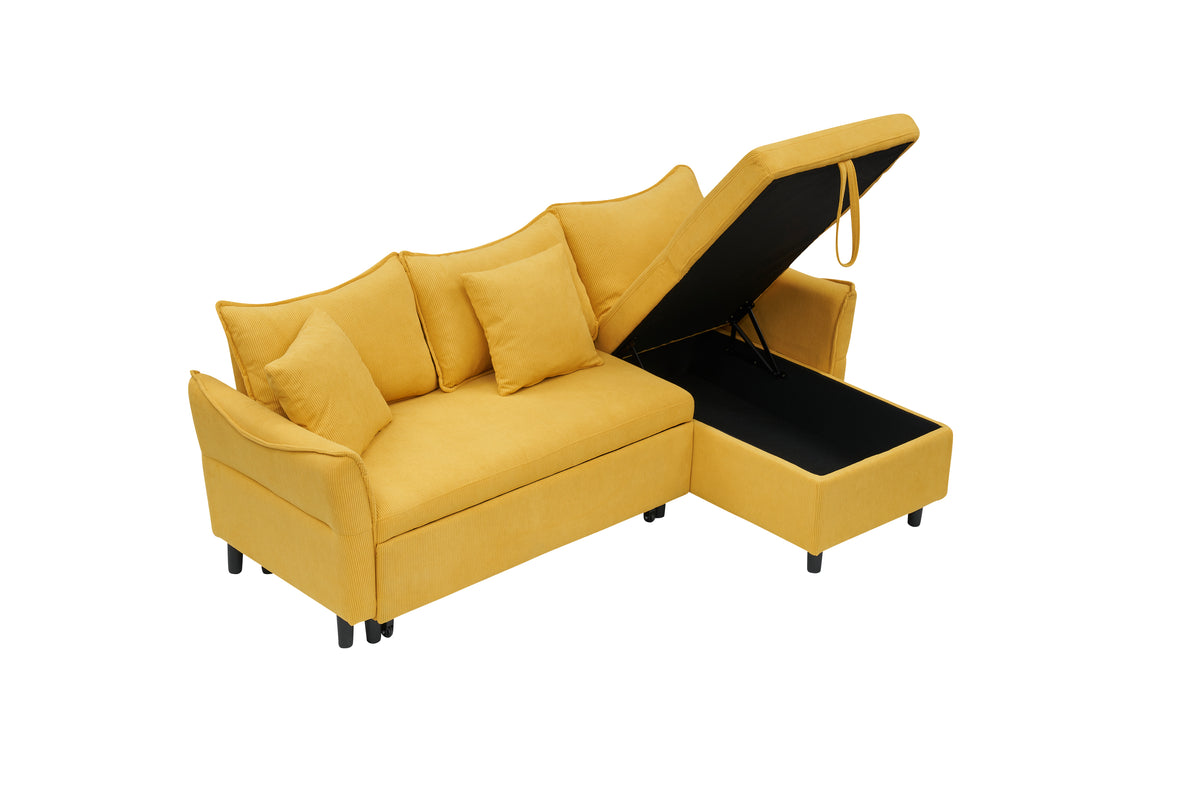 The 80-inch yellow corduroy L-shaped sofa comes with two small throw pillows that can be converted into a sofa bed for storage W1278S00029-djyc