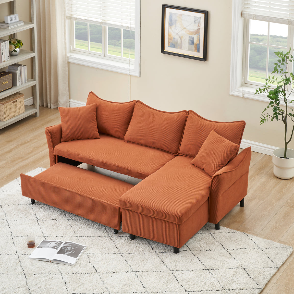 This 80-inch orange corduroy L-shaped sofa comes with two small throw pillows that can be converted into a sofa bed for storage W1278S00026-djyc