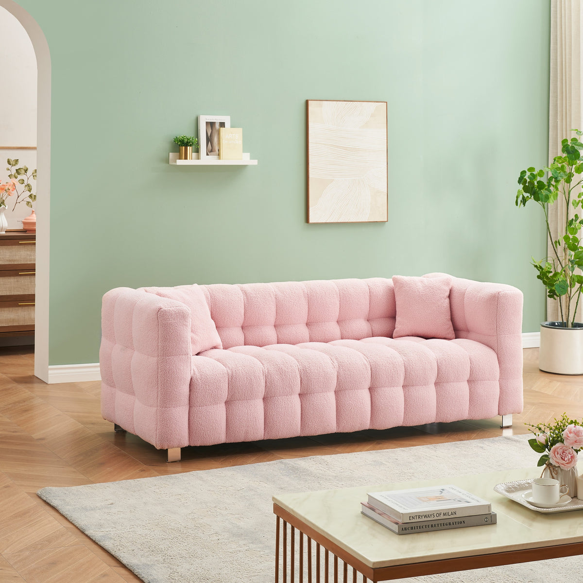 Stylish Addition: Pink Teddy Fleece Sofa - 80 Inch, Perfect for Living Room or Bedroom, Complete with Two Throw Pillows and Sturdy Hardware Foot Support W1278141689-djyc
