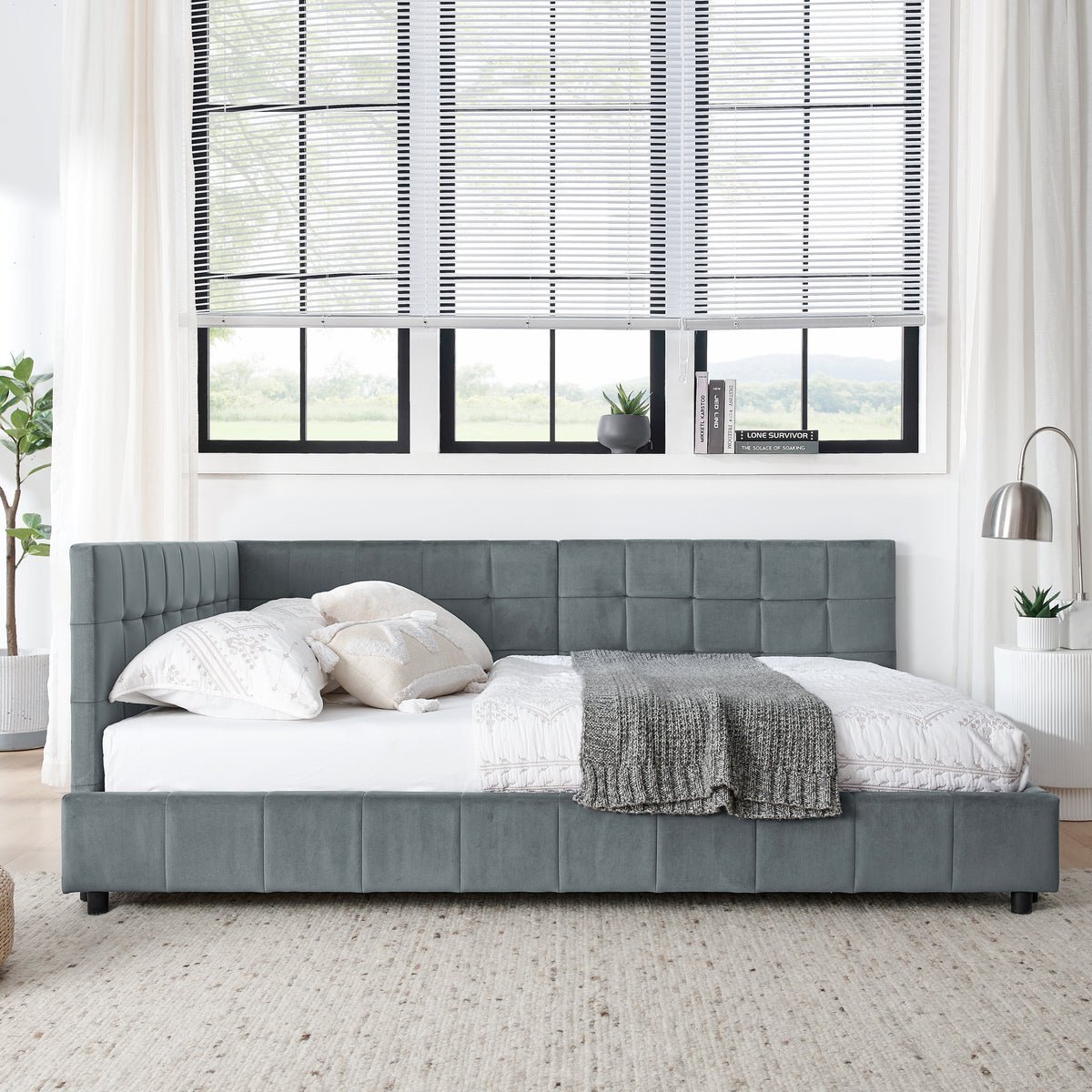 Full Size Upholstered Tufted Bed Frame, Sofa Bed Frame with Comfortable Backrest and Armrests, Full Size Bed for Bedroom, Living Room,Velvet, Grey(80.5''*59''*30.5'') W487S00224-djyc
