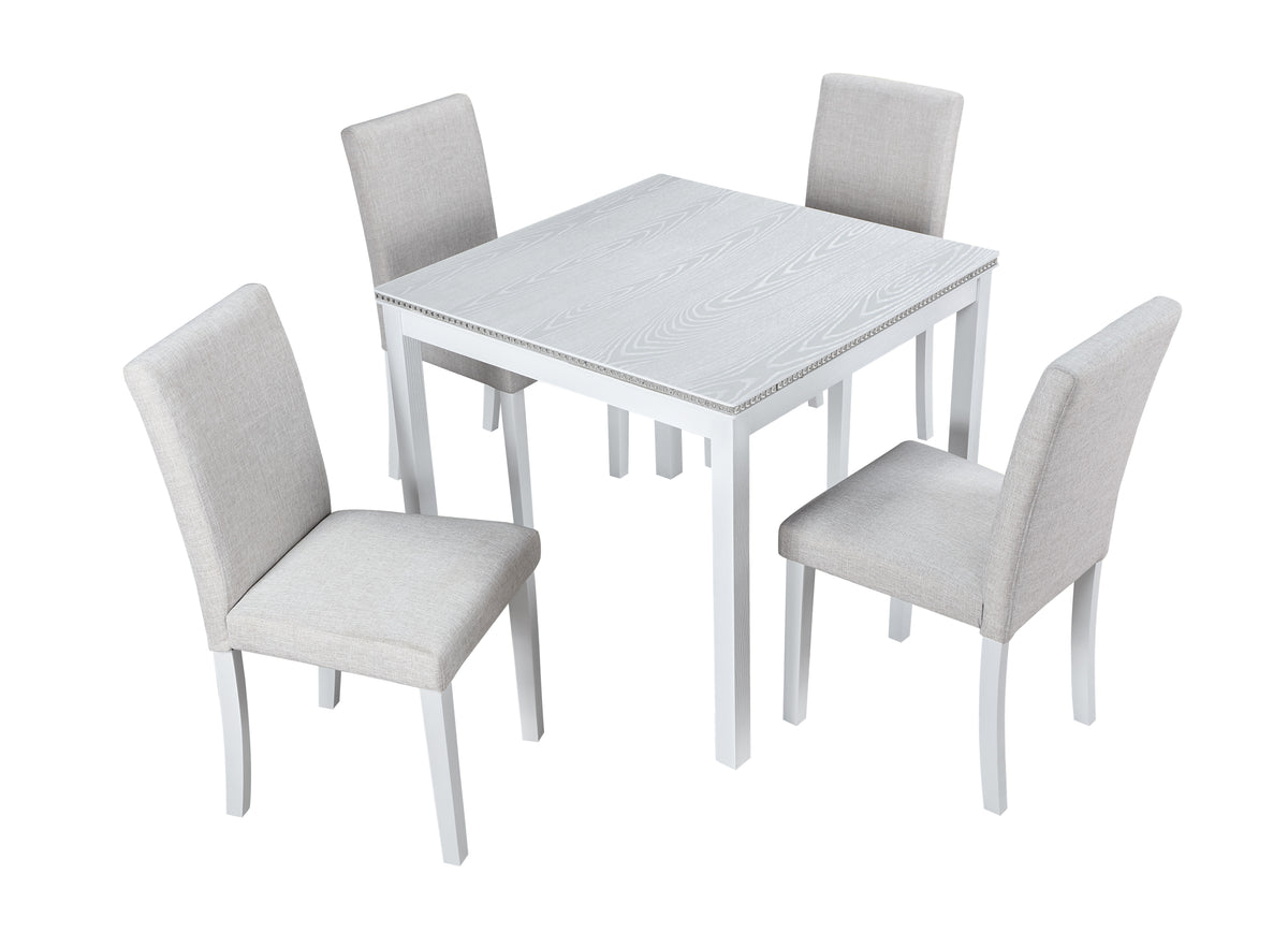 5 Piece Wooden Dining Table Set, Kitchen Table Set with a Square Table and 4 Upholstered Chairs, Wooden Dining Room Table with Crystal Decoration and Chairs Set for Kitchen, Dining Room, White W1998S00043-djyc