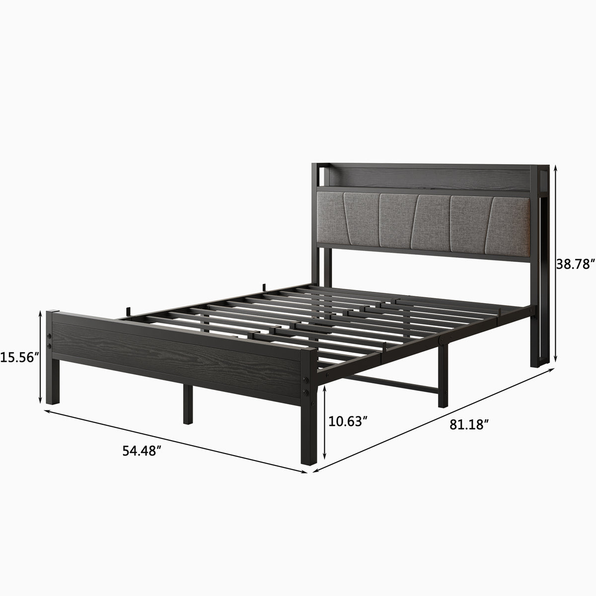 Full Size Bed Frame, Storage Headboard with Charging Station, Solid and Stable, Noise Free, No Box Spring Needed, Easy Assembly W840P179122-djyc