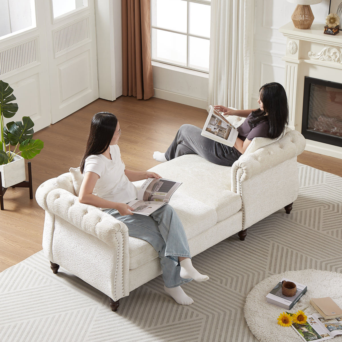 81-inch Chenille Face-to-face Chaise Lounge with Two Pillows,Nailhead trim,Button Tufted Design and Rolled Arms for Lounge, Living room and Office W834S00315-djyc