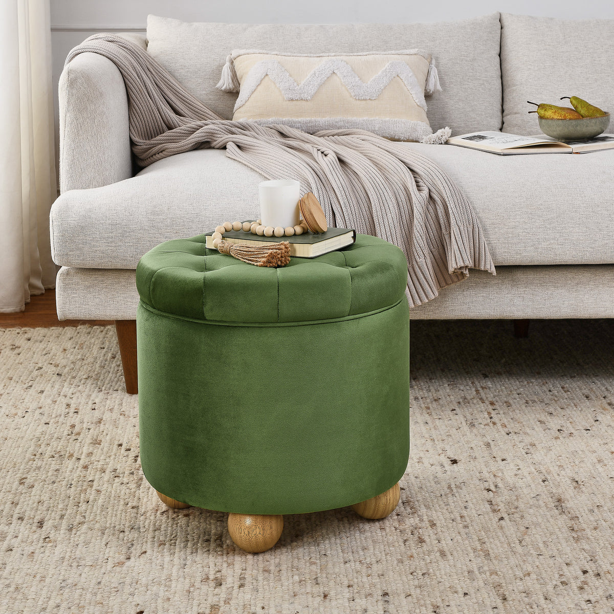 Round Storage Ottoman, multi-functional round flannel button Ottoman, lid can be turned over as a table top, with storage space-GREEN W487P243603-djyc