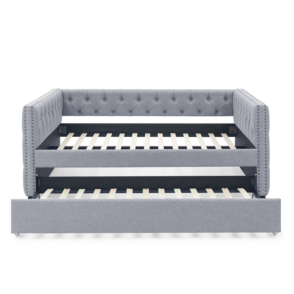 Daybed with Trundle Upholstered Tufted Sofa Bed, with Button and Copper Nail on Square Arms,Full Daybed & Twin Trundle, Grey(85"x57"x31.5") W487S00101-djyc
