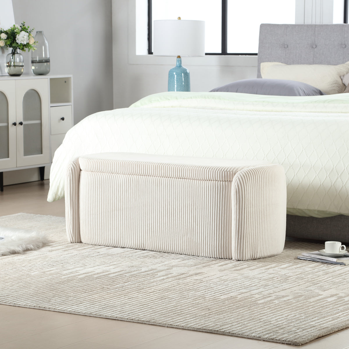 House Hold Storage Ottoman,Bedroom End Bench,Upholstered Fabric Storage Ottoman with Safety Hinge, Entryway Padded Footstool, Ottoman Bench for Living Room & Bedroom (Beige) W1588P194714-djyc