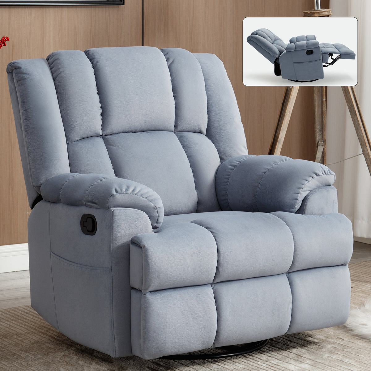 Manual Recliner Chair with Rocker and Swivel in Fabric for Living Room, Blue W1803P204024-djyc