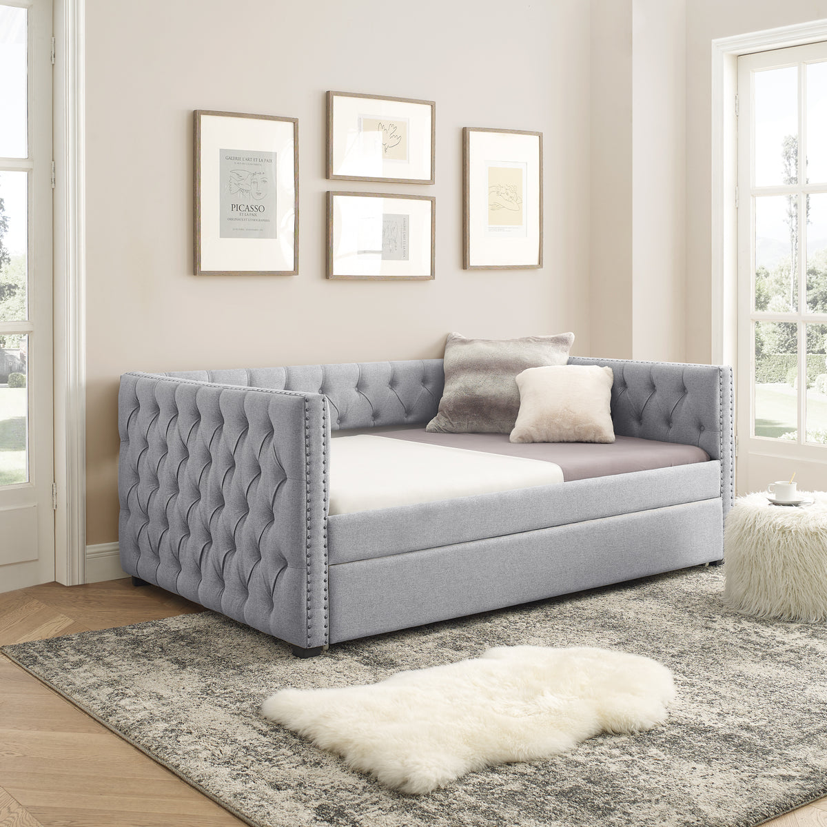 Daybed with Trundle Upholstered Tufted Sofa Bed, with Button and Copper Nail on Square Arms,Full Daybed & Twin Trundle, Grey(85"x57"x31.5") W487S00101-djyc
