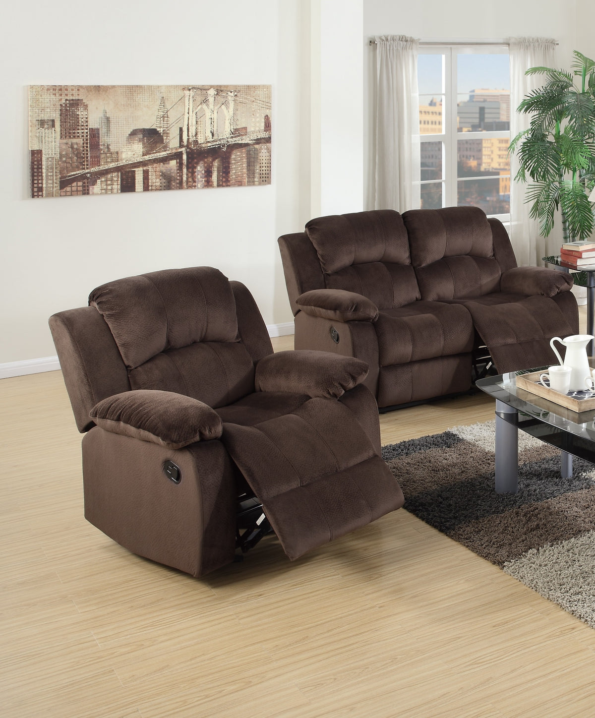 Modern 2pc Living Room Set 1x Loveseat 1x Recliner Suede Padded Cushion Back Pillow Arms Metal Reclining Chocolate Finish Primary Living Room Furniture-B011S02397