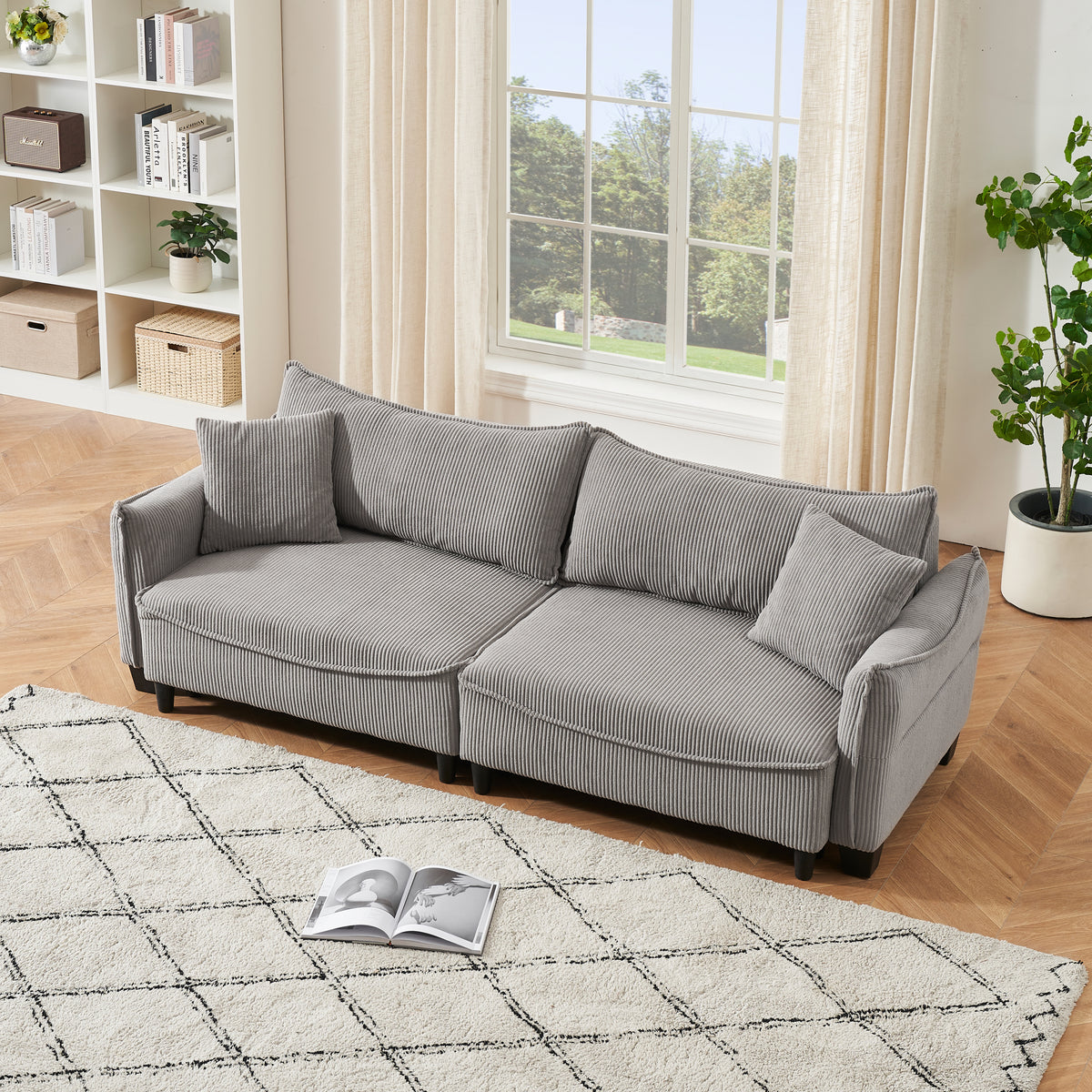 Sofa with Grey Corduroy Fabric, Convertible to Sofa Bed with Two Throw Pillows: Perfect for Living Rooms & Versatile Spaces W1278S00041-djyc