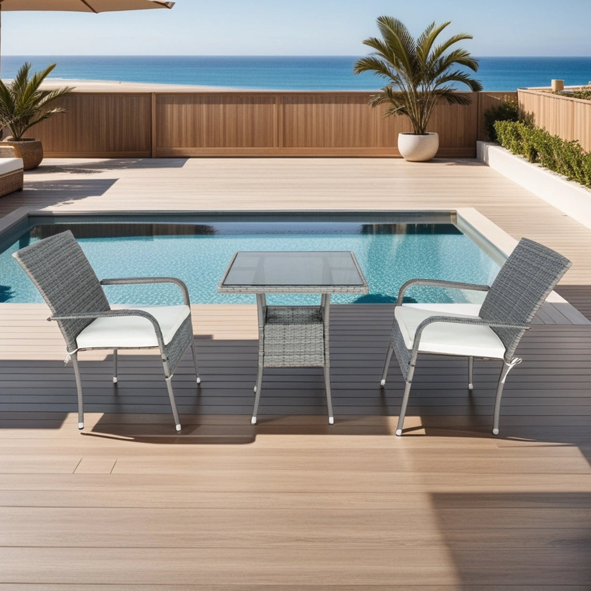 3 Piece Patio Wicker Conversation Set Grey Wicker + white Cushion W329139223-djyc