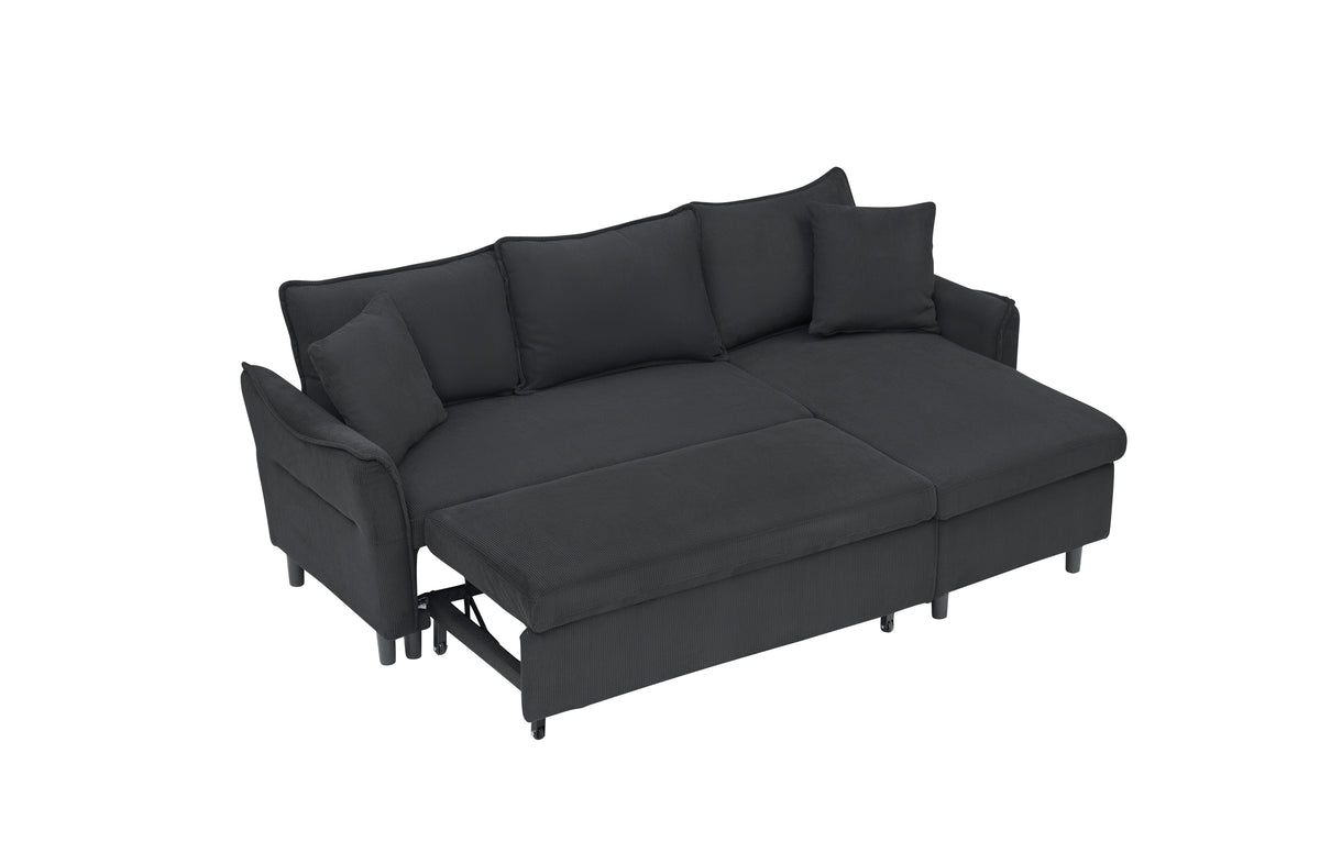 This 80-inch black corduroy L-shaped sofa comes with two small throw pillows that can be converted into a sofa bed for storage W1278S00028-djyc