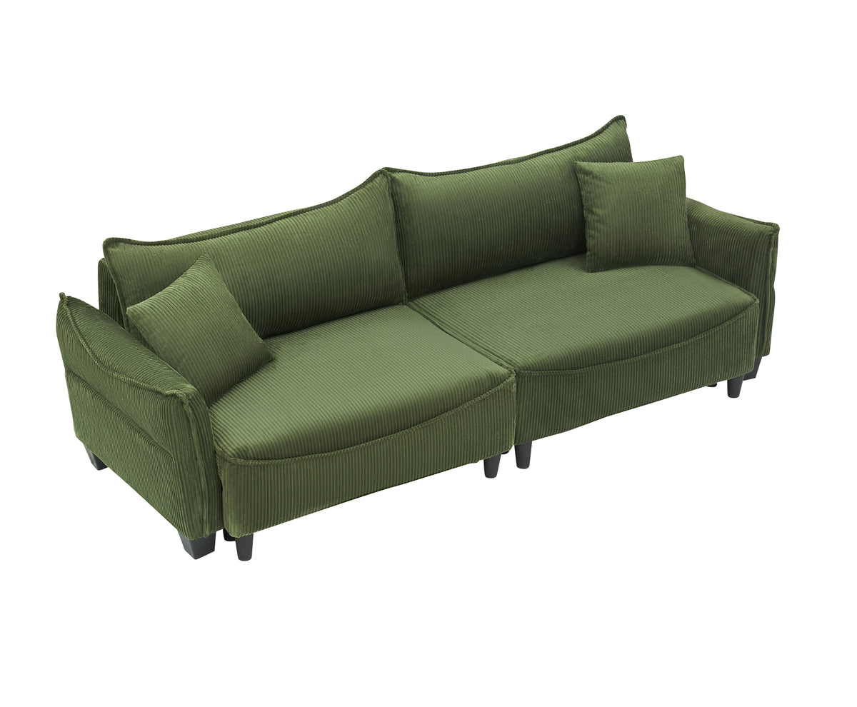 Sofa Showcasing Green Corduroy Fabric, Transformable into Sofa Bed with Two Throw Pillows: Ideal for Living Rooms & Diverse Scenes W1278S00038-djyc