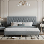 King size Panel Bed Frame with Adjustable Button-Tufted Headboard for Bedroom/Linen Upholstered/Wood Slat Support/Easy Assembly,Light Grey W1793140501-djyc