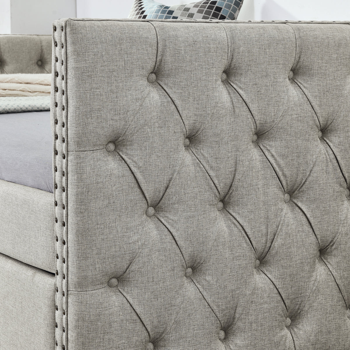 Upholstered Twin Size Daybed with Two Drawers, with Button and Copper Nail on Square Arms, Beige (82.75''x43''x30.75'') W487S00217-djyc