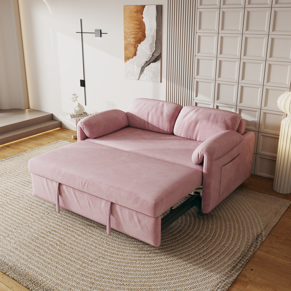 Sofa at the Forefront: 54-inch Velvet Pink Sofa Bed for Multi-purpose Living Spaces, Featuring a Retractable Bed W1278127956-djyc