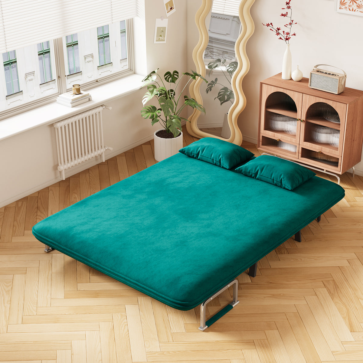 velvet Antique Green 55″ Convertible Chair Bed, Tri-Fold Sofa Bed with Adjustable Backrest & Pillow, Leisure Chaise Lounge Couch with Sturdy Steel Frame for Home & Office, Comfortable Sleeper Chair W1767P192809-djyc