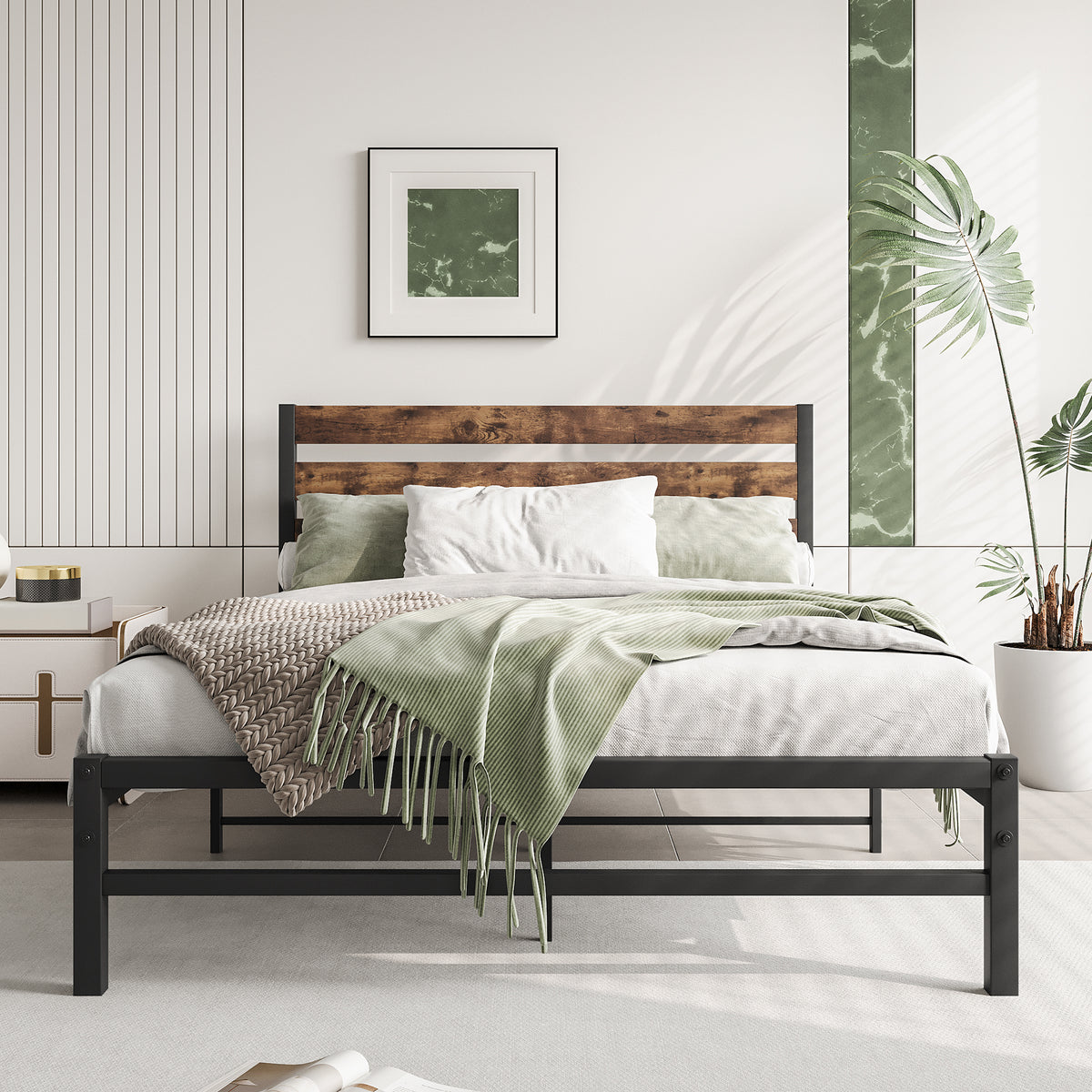 Full Size Platform Bed Frame with Rustic Vintage Wood Headboard, Strong Metal Slats Support Mattress Foundation, No Box Spring Needed Rustic Brown W84084262-djyc