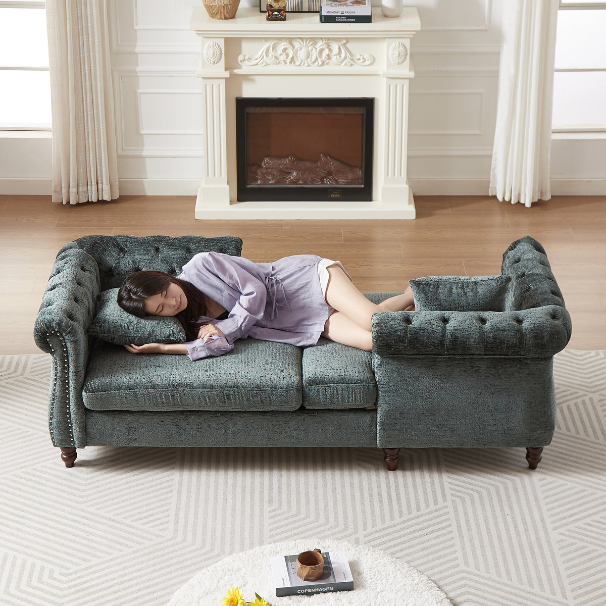 81-inch Chenille Face-to-face Chaise Lounge with Two Pillows,Nailhead trim,Button Tufted Design and Rolled Arms for Lounge, Living room and Office W834S00318-djyc