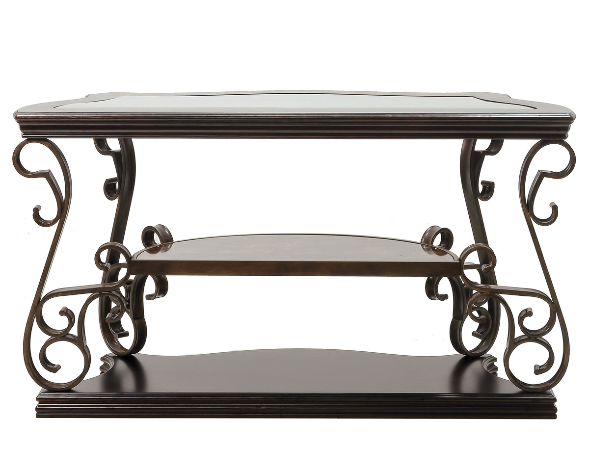 Sofa Table, Glass table top, MDF W/marble paper middle shelf, powder coat finish metal legs. (54"Lx20"Wx30"H) W48720762-djyc