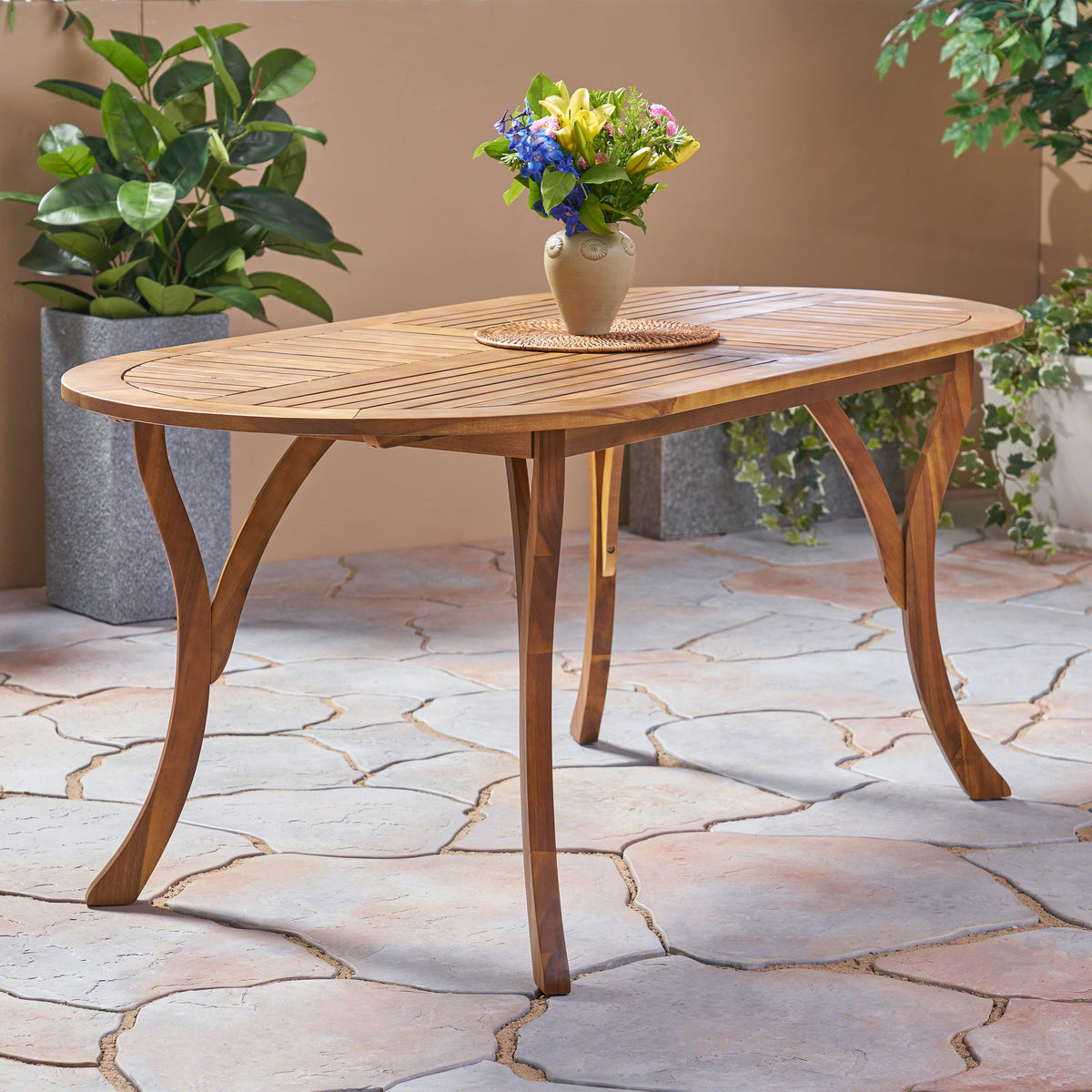 Stylish Oval Acacia Wood Dining Table – Teak Finish with Sleek Slat Top, Perfect for Outdoor Dining 62917-djyc