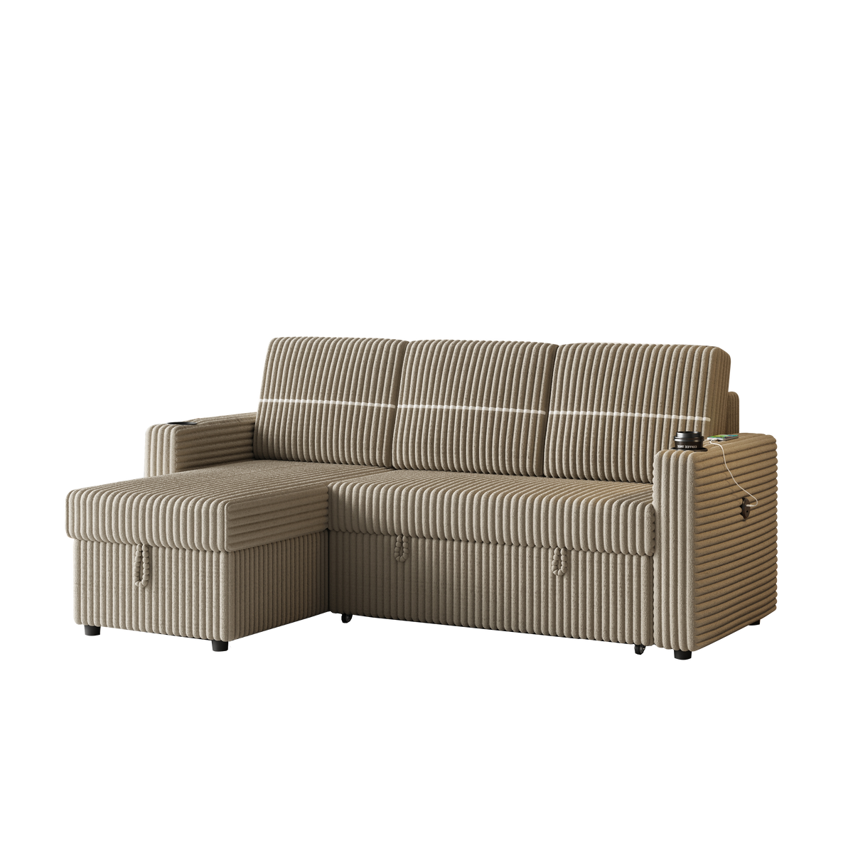 85 Inches Corduroy Sofa Bed, 3 Seater Sleeper Sofa with Storage Chaise, Square Handrail With Two Cup-holder And USB Charge Port, Pull Out Couch for Living Room W834S00271-djyc