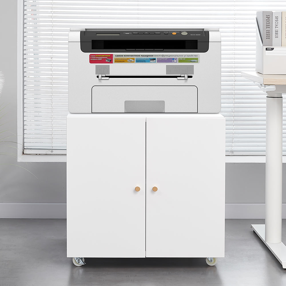 Metal Printer Stand with Storage Mobile Printer Tables for Small Spaces with Door Adjustable Shelf File Cabinet on Wheels for Home Office (White) W1247110443-djyc