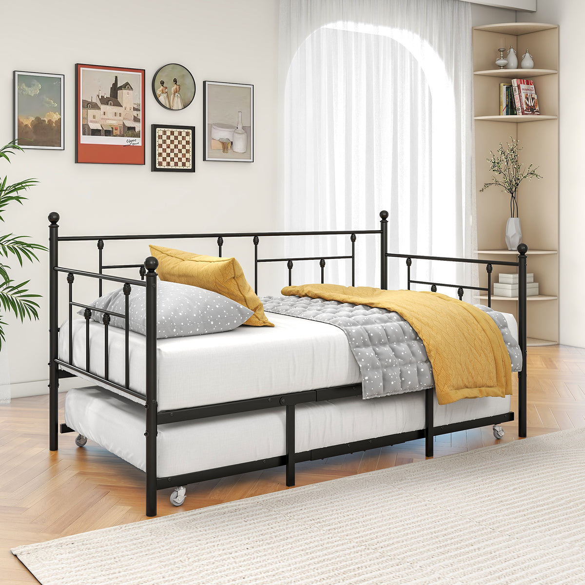 Metal Daybed Frame Twin Size Platform with trundle , No Box Spring Needed Black W840104493-djyc