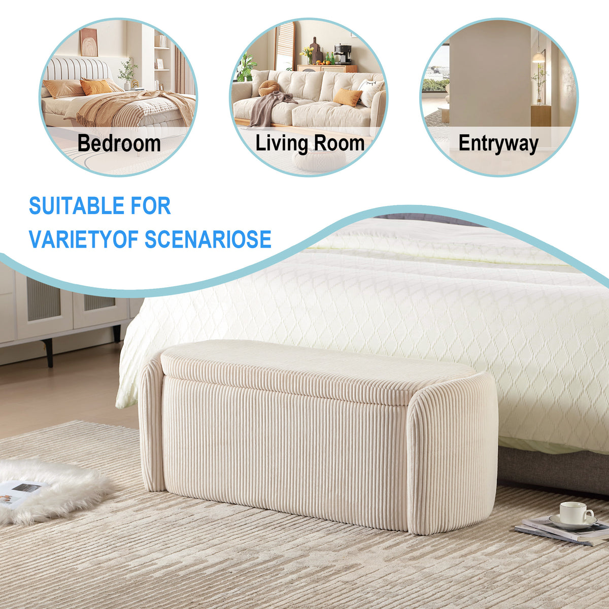 House Hold Storage Ottoman,Bedroom End Bench,Upholstered Fabric Storage Ottoman with Safety Hinge, Entryway Padded Footstool, Ottoman Bench for Living Room & Bedroom (Beige) W1588P194714-djyc