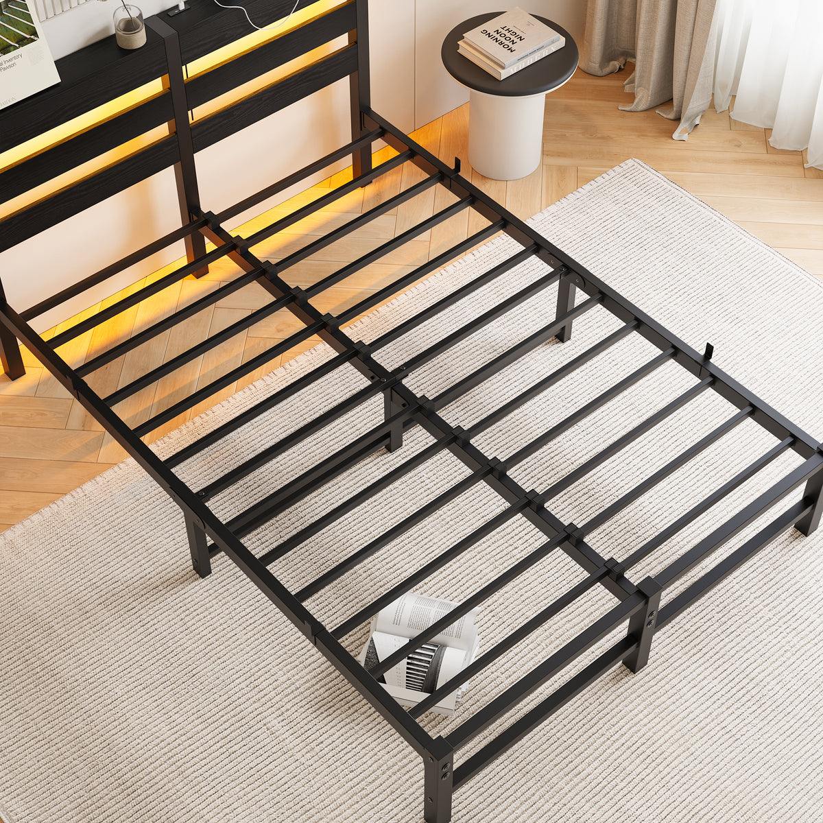 Full Size Metal Bed Frame with Wooden Headboard, RGB Lights, Outlets & Charger, Storage Shelf, Noise-Free, No Box Spring Needed W840P209906-djyc