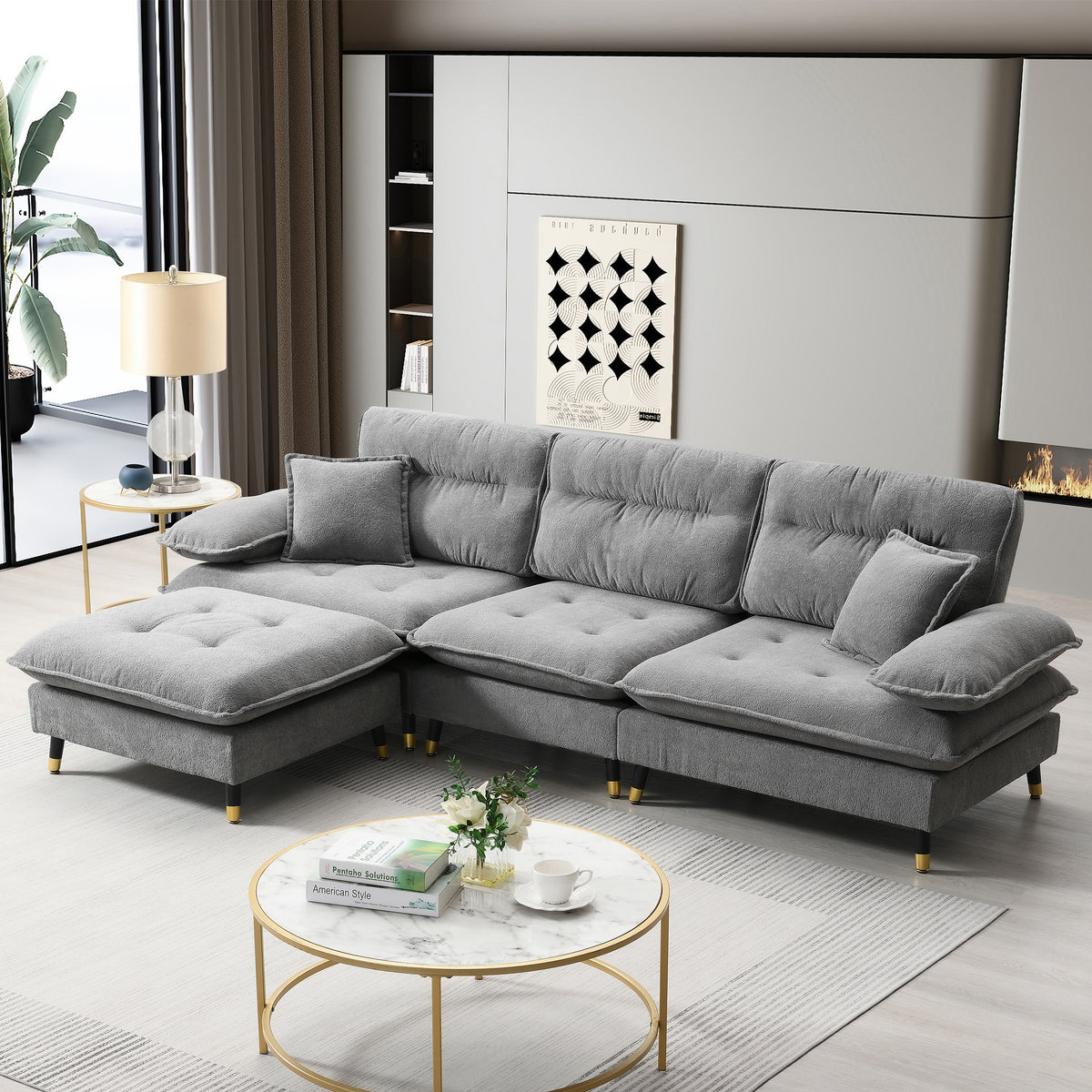 106*66.5' L shaped Convertible Sectional Sofa,4 Seat Tufted Couch Set with Two-tone Adjust Legs,Cloud Chenille Fabric,Movable Ottoman for Living Room,Apartment,Office,3 Colors N723S6035E-djyc