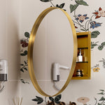 31.5 Inch Surface Mount Round Metal Framed Medicine Cabinet with Mirror and Adjustable Shelves Black Wall Mirror with Storage for Bathroom, Matte Gold W1435P194675-djyc