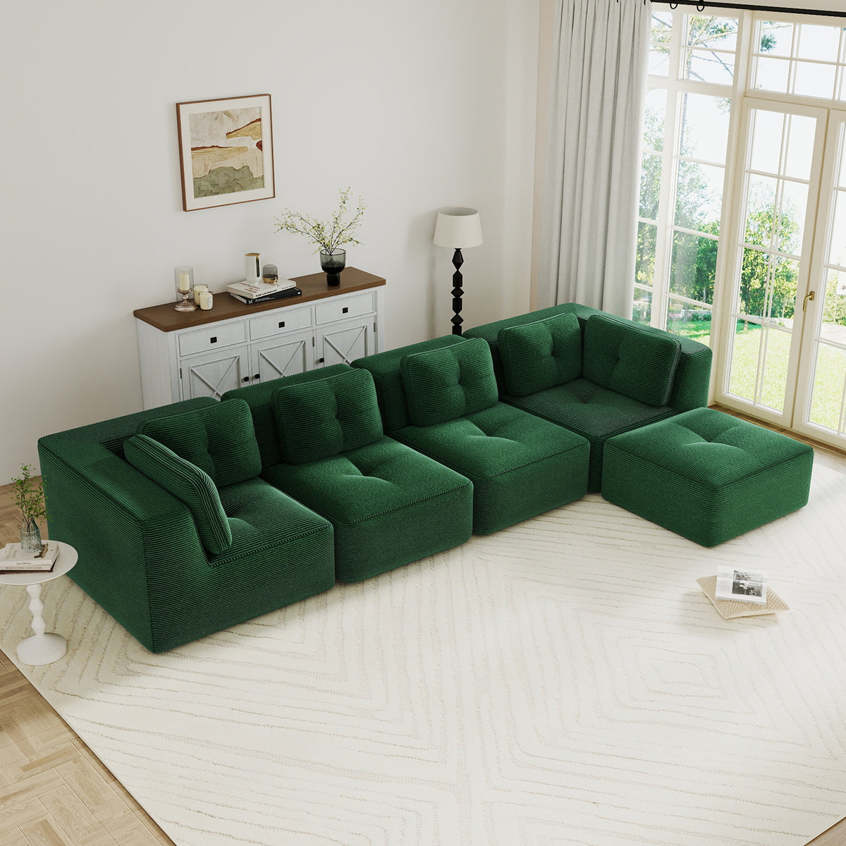 Modern Modular Sectional Sofa for Living Room, Corduroy Fabric, 4-Seater Couch with Deep Seat and Movable Ottoman,Pearl-like piping, Tufted Design,No Assembly, Anti-slip Design,Green-W714S01799