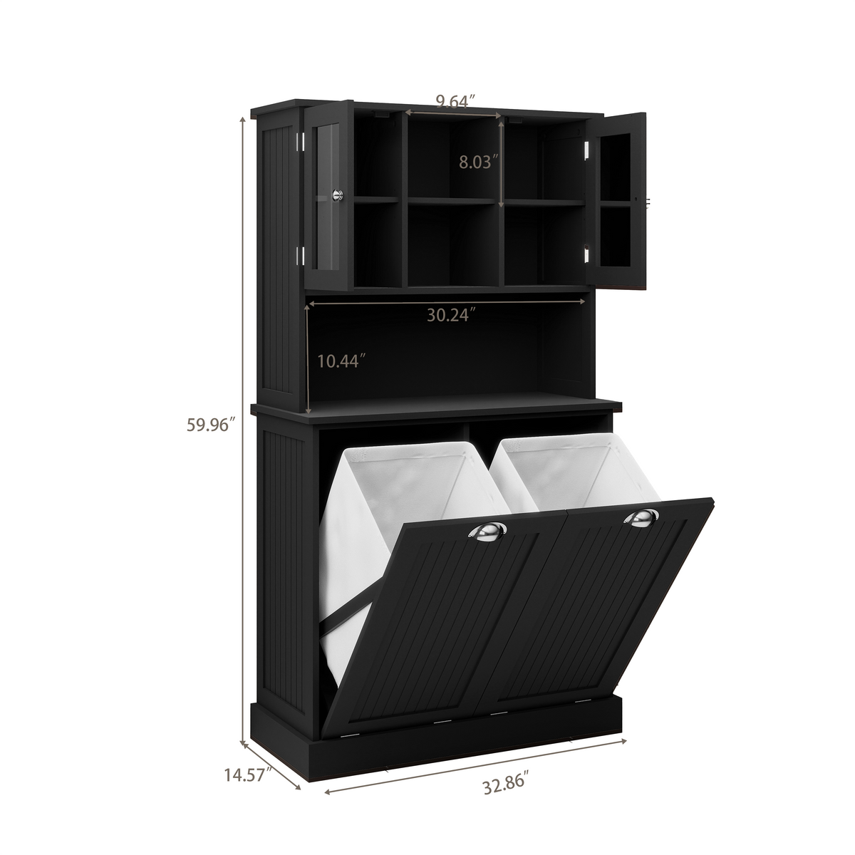 Two-Compartment Tilt-Out Dirty Laundry Basket Tall Bathroom Cabinet with 2 Adjustable Shelves-Black W1120S00002-djyc
