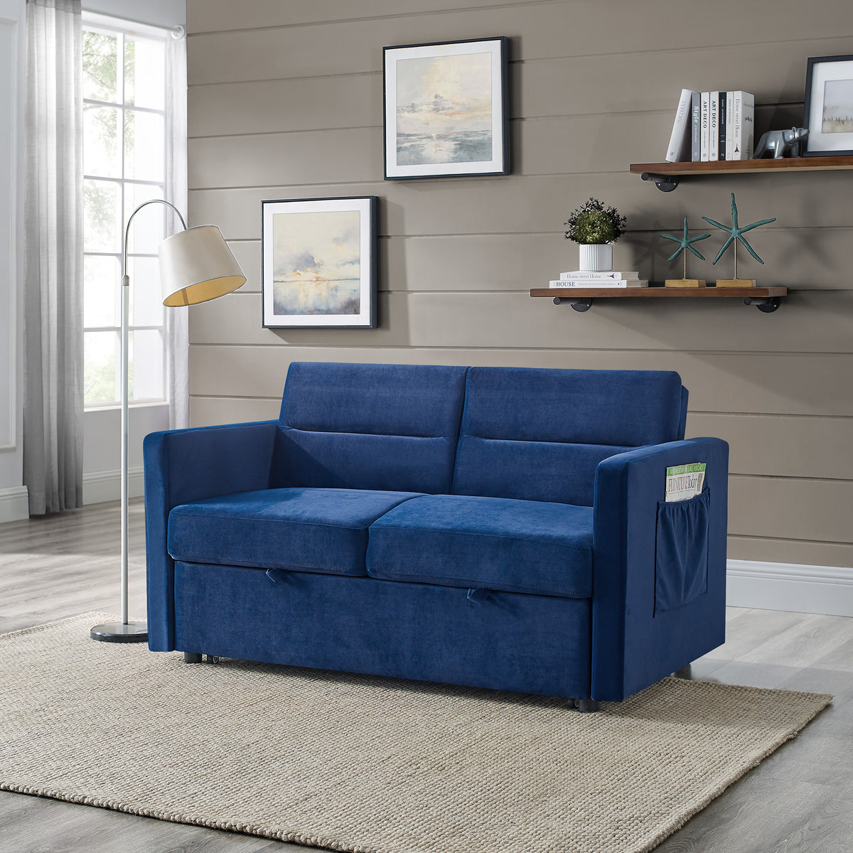 Loveseats Sofa Bed with Pull-out Bed,Adjsutable Back and Two Arm Pocket,Blue (54.5"x33"x31.5") W48766864-djyc