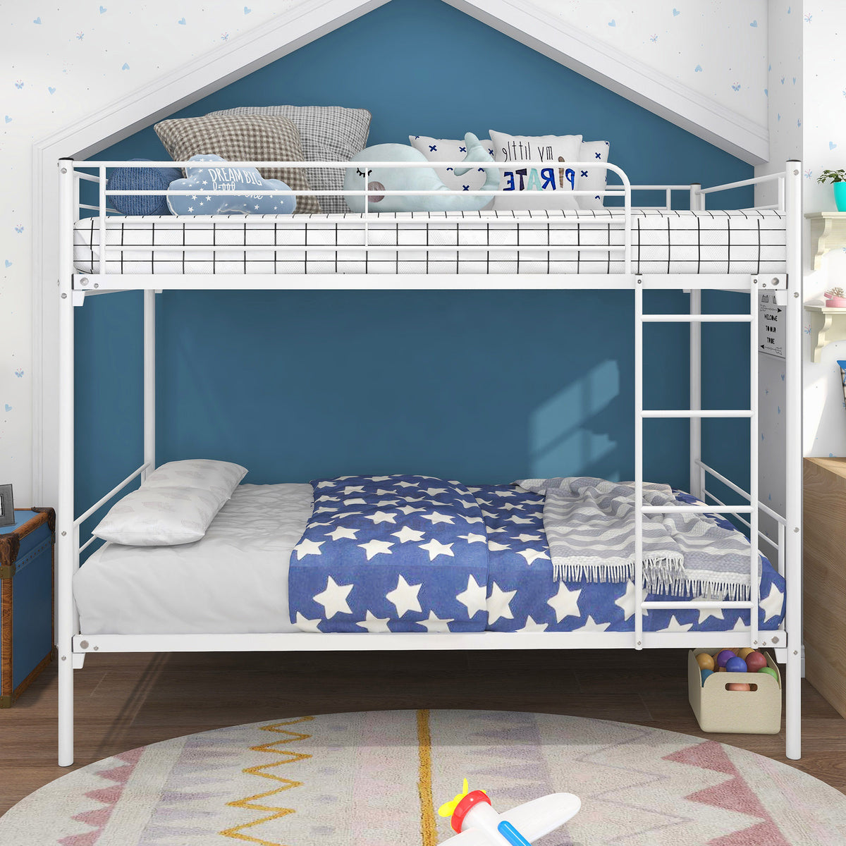 Twin-Over-Twin Bunk Bed with Metal Frame and Ladder, Space-Saving Design,White W84034153-djyc