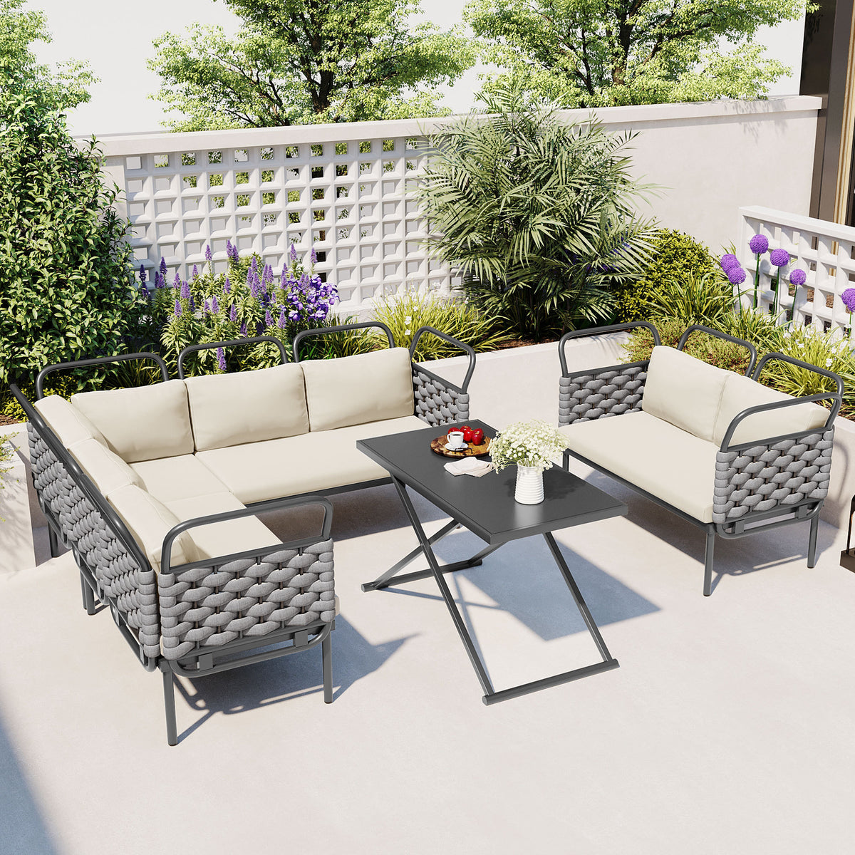 TOPMAX 5-Piece Modern Patio Sectional Sofa Set Outdoor Woven Rope Furniture Set with Glass Table and Cushions, Gray+Beige SP100021AAE-djyc
