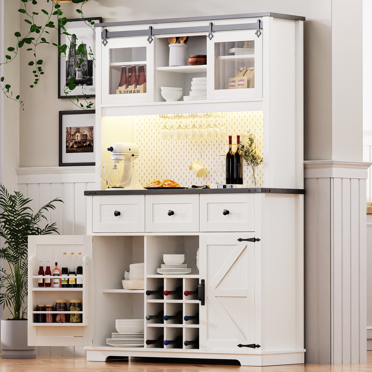 K&K 71" Farmhosue Pantry Bar Cabinet with Internal Storage Rack,Kitchen Cabinet with Hutch,Sliding Door,Power Outlet,Pegboard,Wine & Glasses Rack,3 Drawers,Rustic Coffee Bar Storage Cabinet,White Oak N707S000008W-djyc