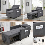 3-in-1 Convertible Futon Sofa Bed with Adjustable Backrest, Single Sofa Bed with Pull Out Sleeper, Convertible Futon Chair for Living Room, Side Bag and 1 Lumbar Pillow,Dark Gray W1998121160-djyc