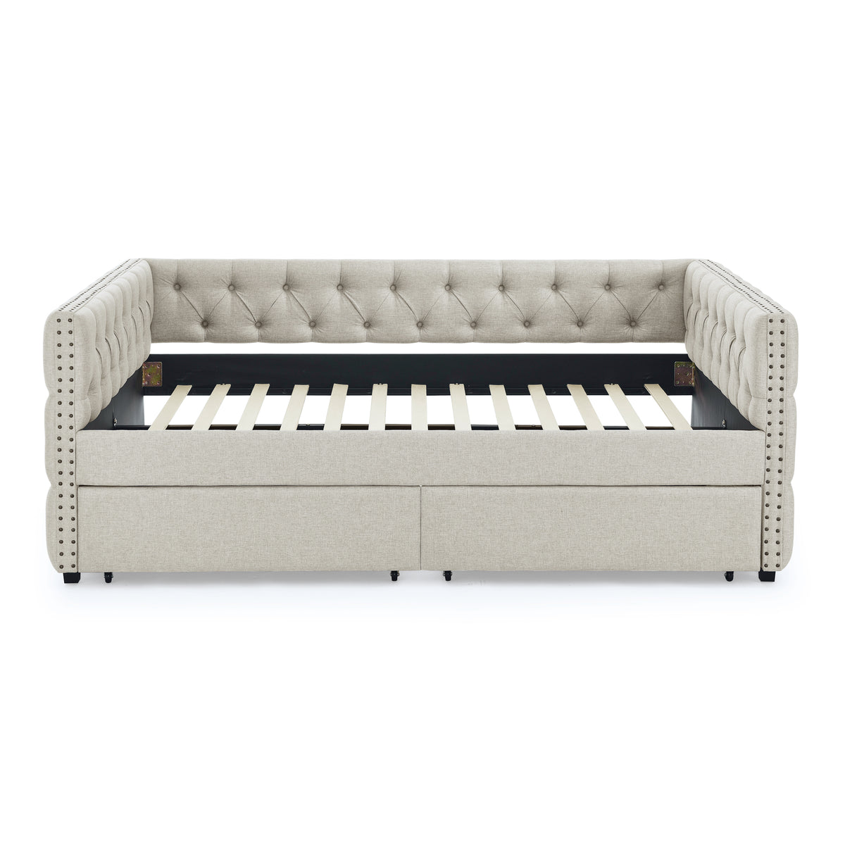 Upholstered Full Size Daybed with Two Drawers, with Button and Copper Nail on Square Arms, Beige (82.75''x58''x30.75'') W487S00219-djyc