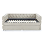 Upholstered Full Size Daybed with Two Drawers, with Button and Copper Nail on Square Arms, Beige (82.75''x58''x30.75'') W487S00219-djyc