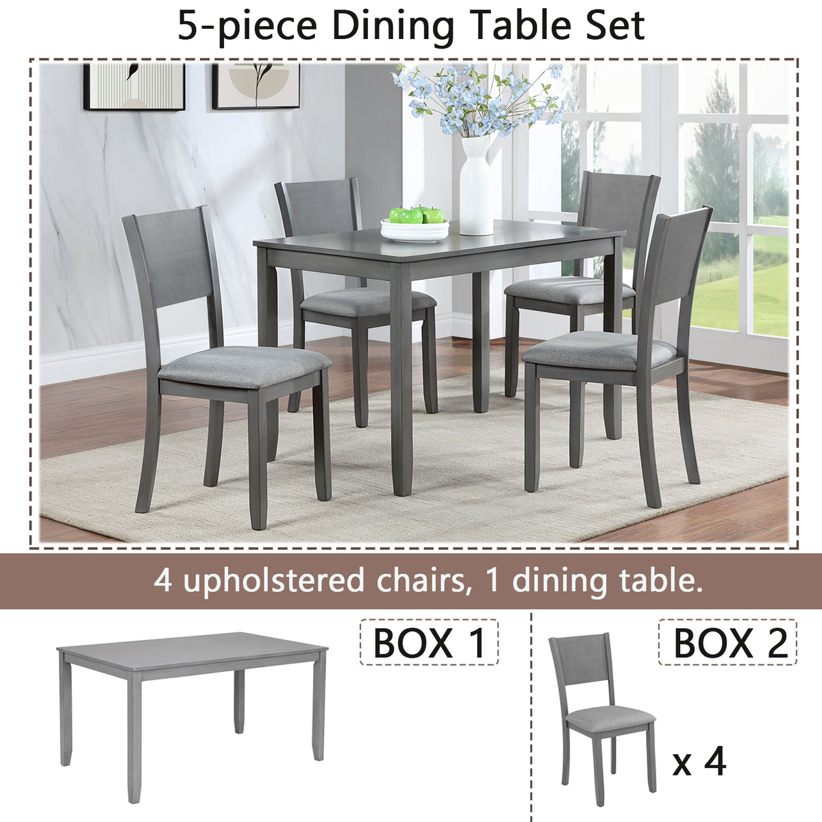 5 Piece Modern Dining Set, Rectangular Wooden Dining Table with 4 Upholstered Chairs for Kitchen, Dining Room, Gray W1998S00055-djyc