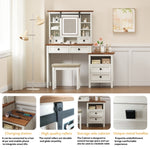 46.5'' Farmhouse Makeup Vanity Desk with Adjustible LED Lighted Mirror and Charging Station for Bedroom, Rustic Dressing Vanity Table with Side Cabinet and Cushioned Stool for Women W2557P167876-djyc