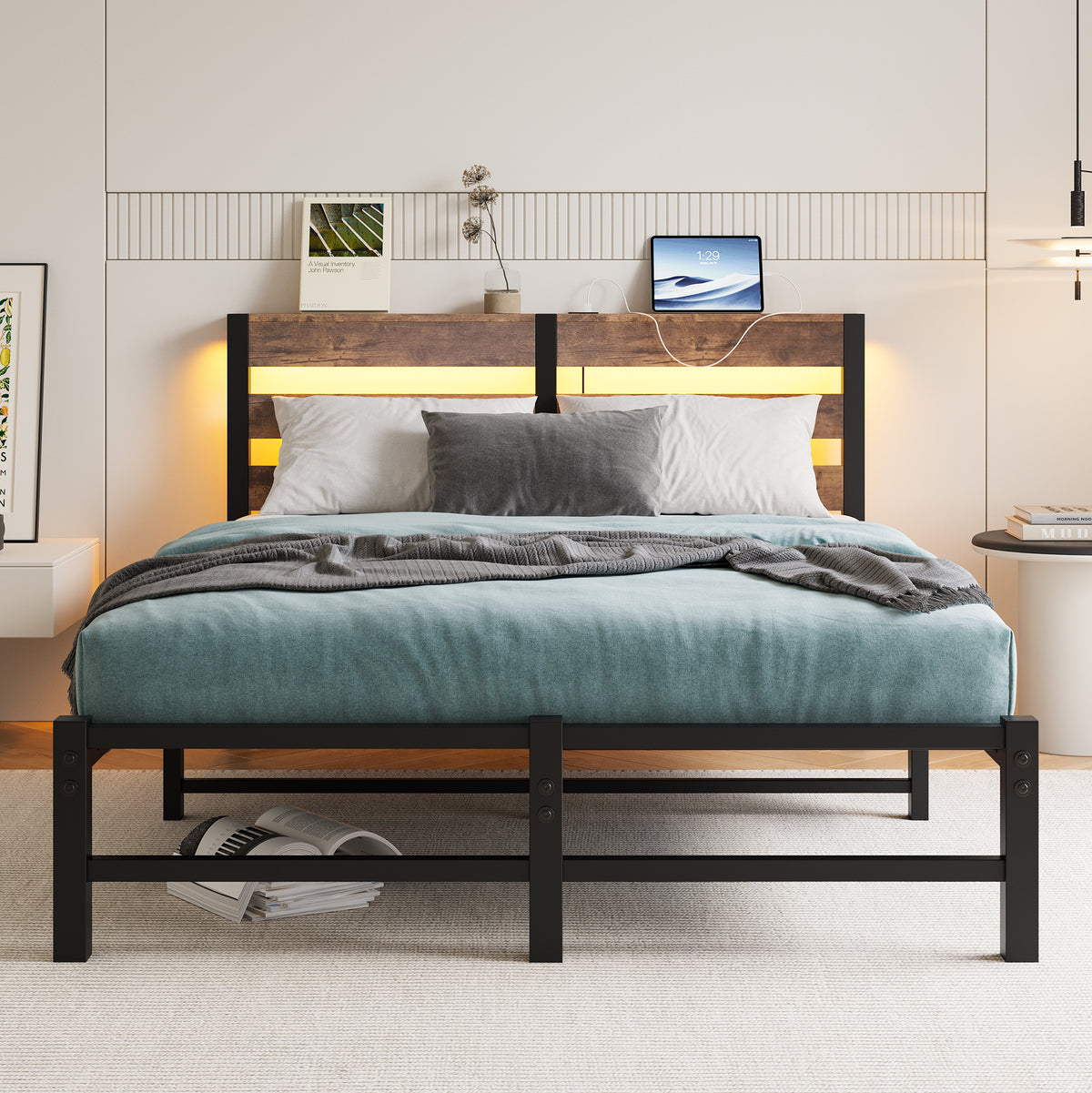 Full SizeMetal Bed Frame with Wooden Headboard, RGB Lights,Charger, Storage Shelf, Noise-Free, No Box Spring Needed,Rustic Brown W840P209896-djyc