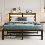 Full SizeMetal Bed Frame with Wooden Headboard, RGB Lights,Charger, Storage Shelf, Noise-Free, No Box Spring Needed,Rustic Brown W840P209896-djyc