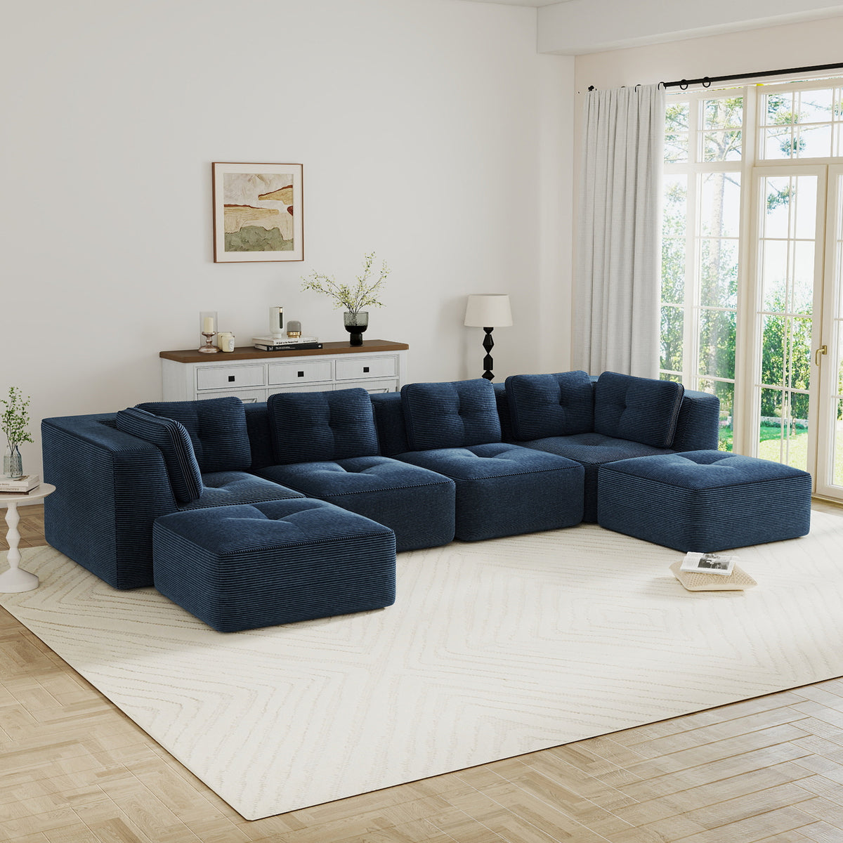 Modern Modular Sectional Sofa for Living Room, Corduroy Fabric,4-Seater Couch with Deep Seat and 2-Movable Ottoman,Pearl-like piping, Tufted Design, No Assembly, Anti-slip Design, Blue-W714S01806