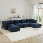 Modern Modular Sectional Sofa for Living Room, Corduroy Fabric,4-Seater Couch with Deep Seat and 2-Movable Ottoman,Pearl-like piping, Tufted Design, No Assembly, Anti-slip Design, Blue-W714S01806