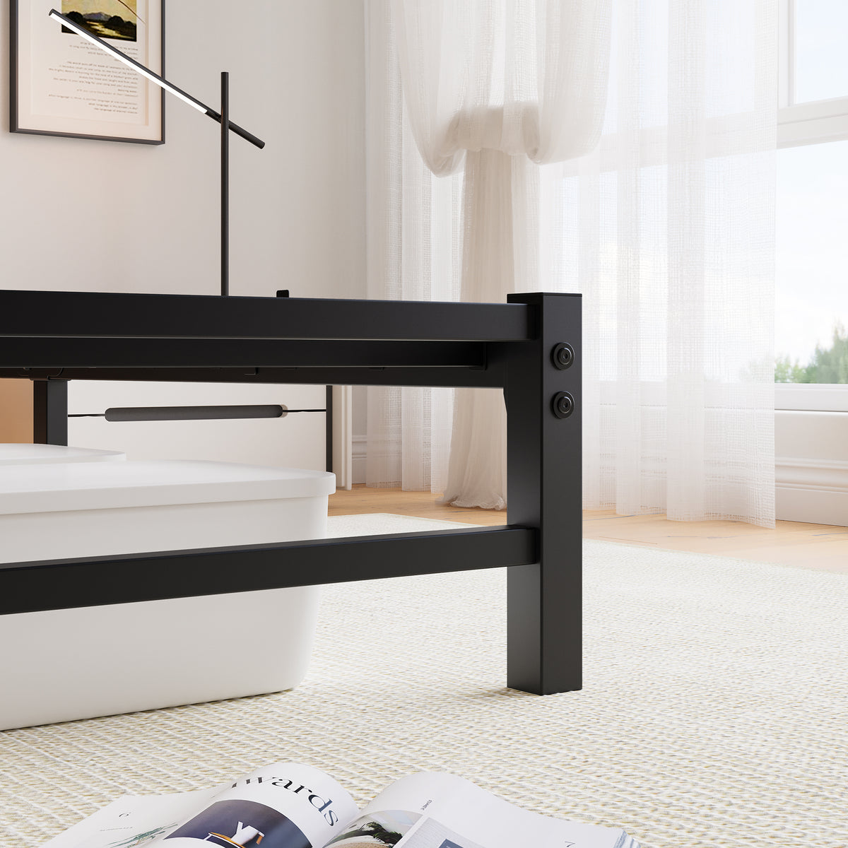 Queen SizeMetal Bed Frame with Wooden Headboard, RGB Lights, Charger, Storage Shelf, Noise-Free, No Box Spring Needed, Black W840P209907-djyc