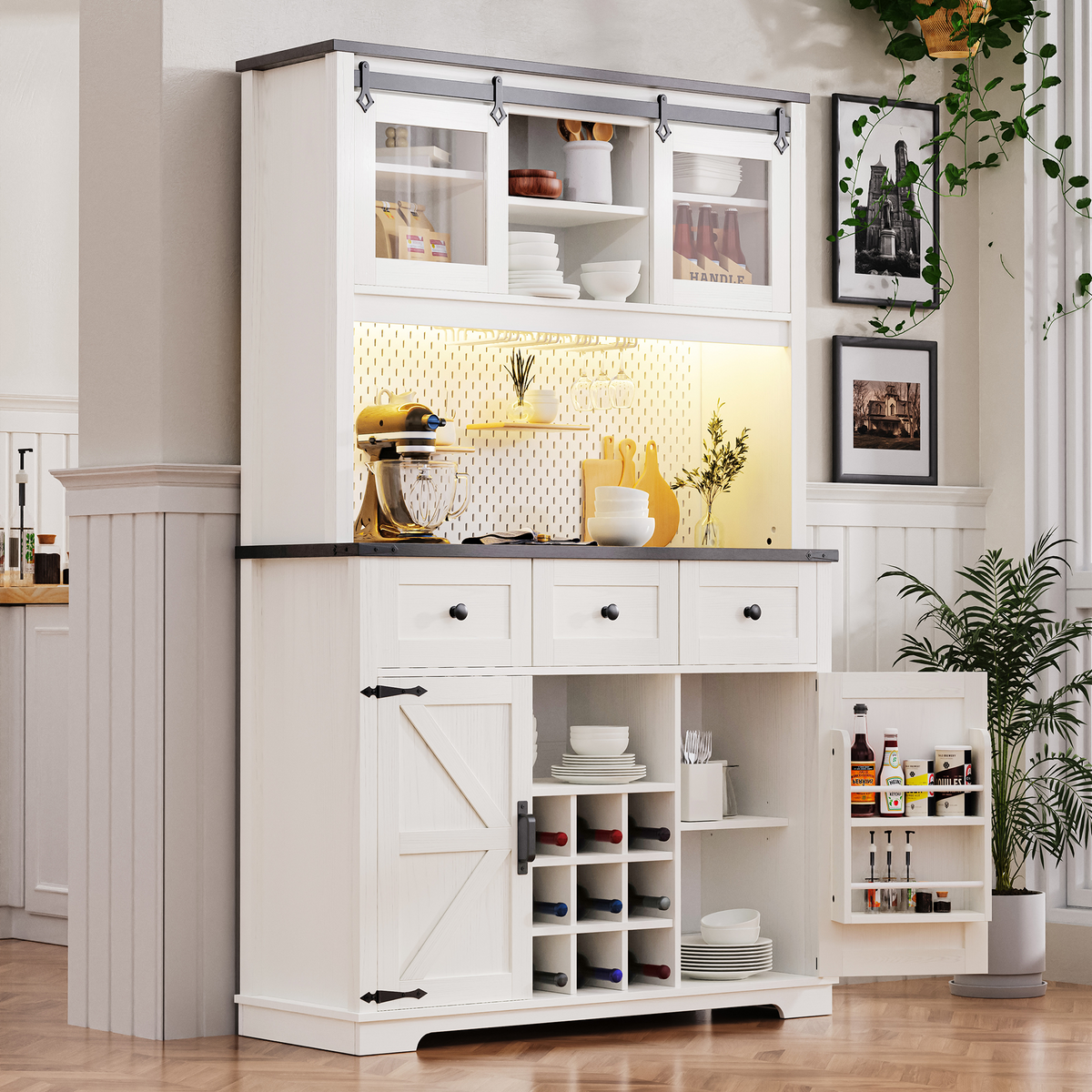 K&K 71" Farmhosue Pantry Bar Cabinet with Internal Storage Rack,Kitchen Cabinet with Hutch,Sliding Door,Power Outlet,Pegboard,Wine & Glasses Rack,3 Drawers,Rustic Coffee Bar Storage Cabinet,White Oak N707S000008W-djyc