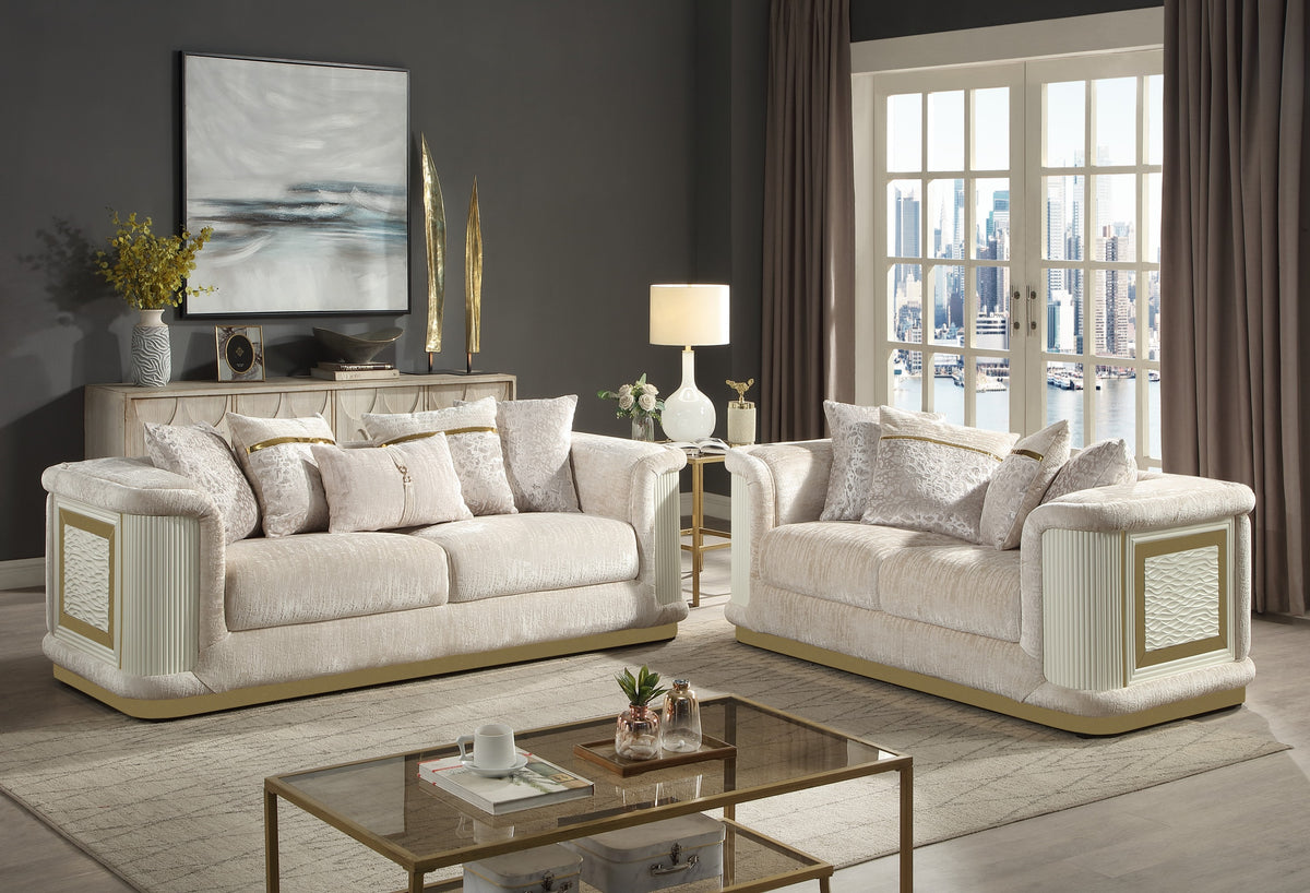 Bona 2-Piece Set featuring the luxurious Sofa and Loveseat, both adorned with gold accents and diamond-pattern details, offering a coordinated modern look for an elegant living room upgrade.-B009S02176